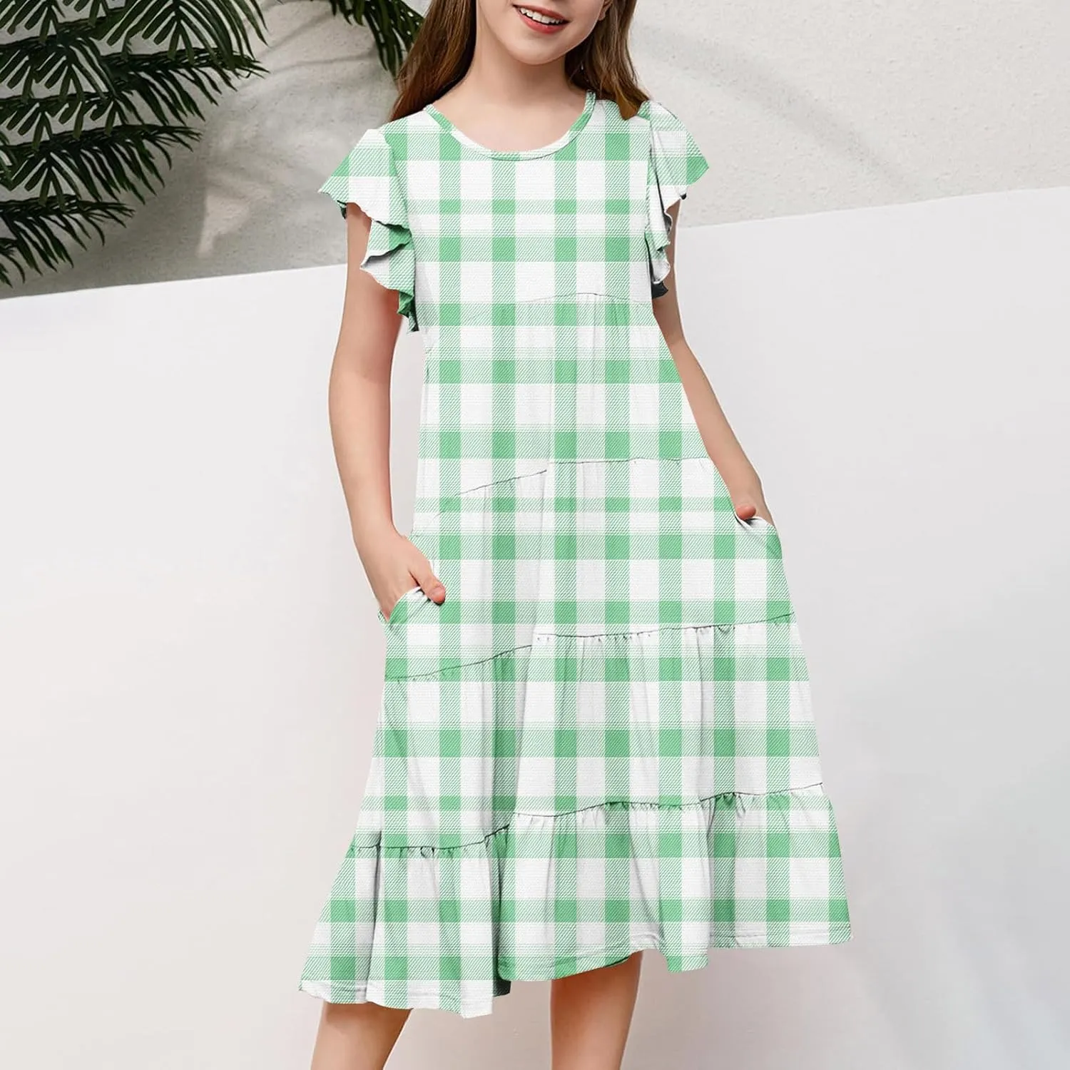 Girls Dresses Summer Floral Print Ruffle Tiered Layers Flowy Swing Sundress Casual Short Sleeve A-Line Midi Dress