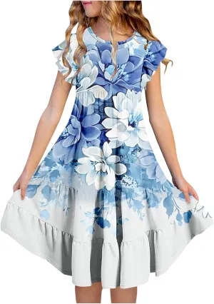 Girls Dresses Summer Floral Print Ruffle Tiered Layers Flowy Swing Sundress Casual Short Sleeve A-Line Midi Dress