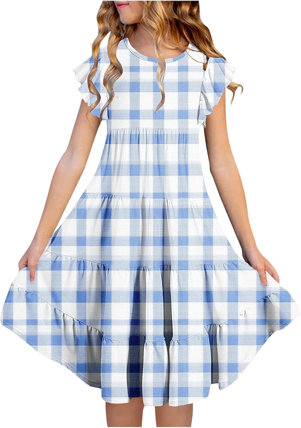 Girls Dresses Summer Floral Print Ruffle Tiered Layers Flowy Swing Sundress Casual Short Sleeve A-Line Midi Dress