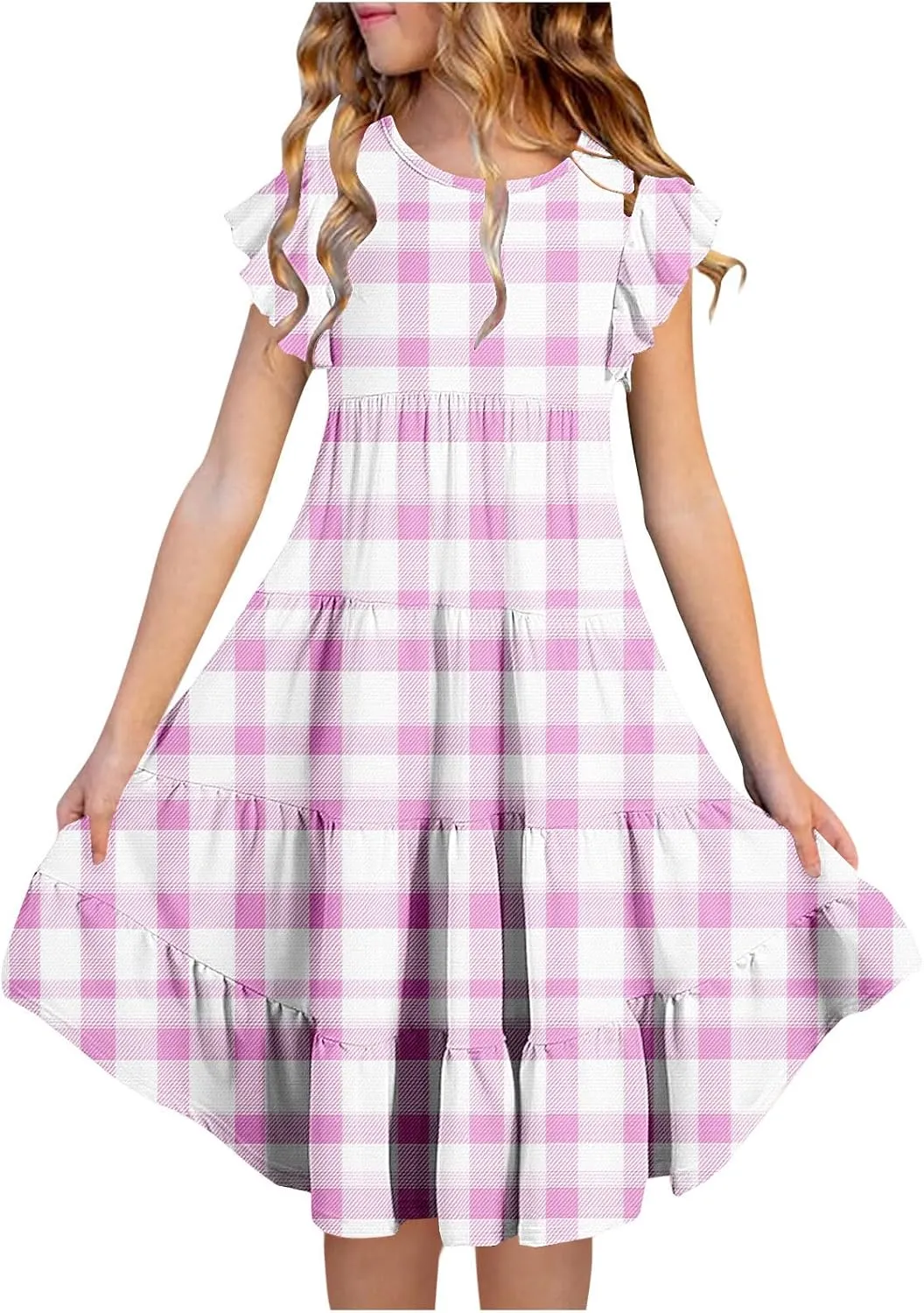 Girls Dresses Summer Floral Print Ruffle Tiered Layers Flowy Swing Sundress Casual Short Sleeve A-Line Midi Dress