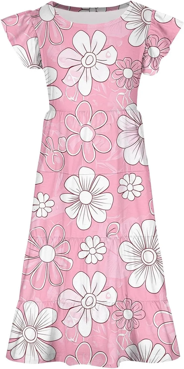 Girls Dresses Summer Floral Print Ruffle Tiered Layers Flowy Swing Sundress Casual Short Sleeve A-Line Midi Dress