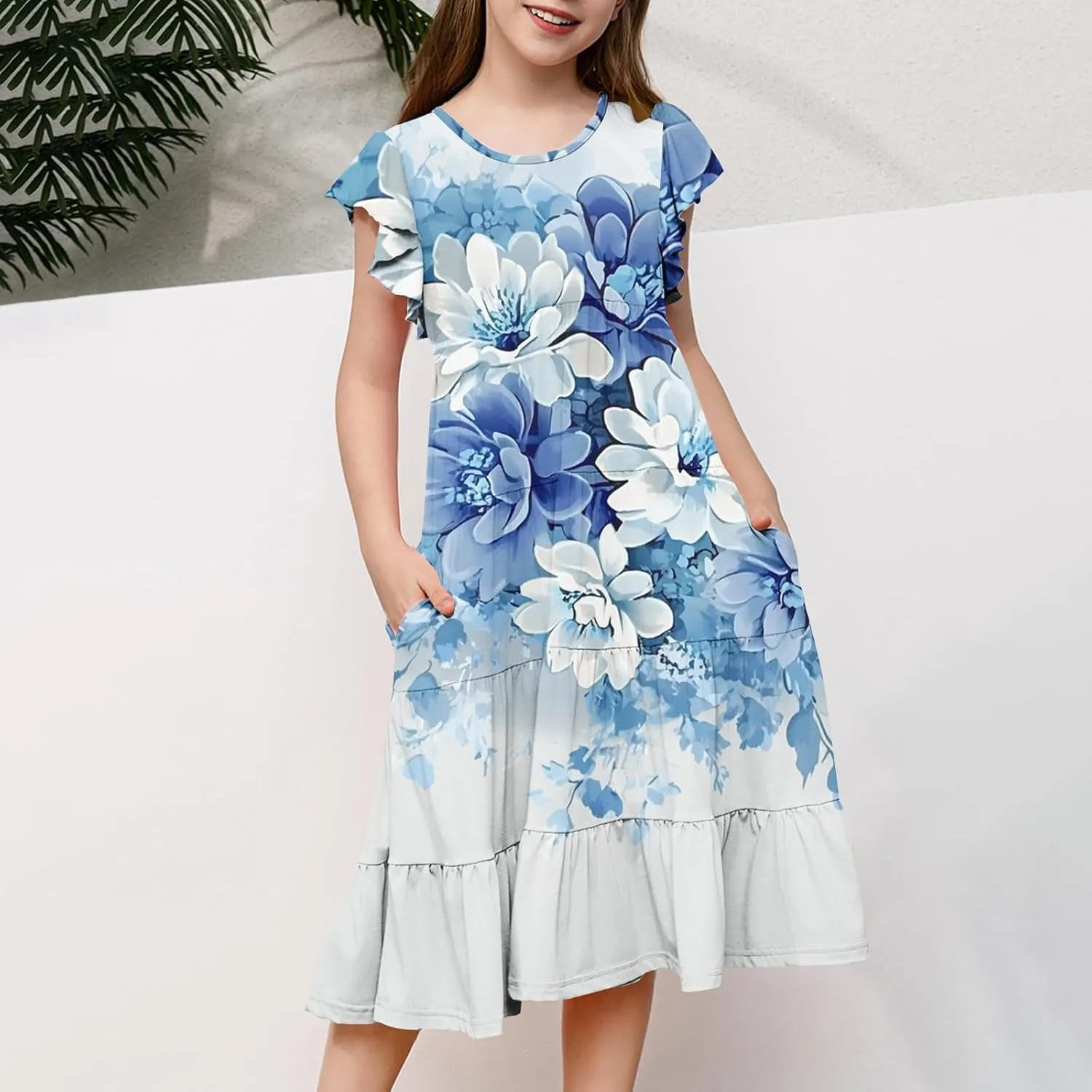 Girls Dresses Summer Floral Print Ruffle Tiered Layers Flowy Swing Sundress Casual Short Sleeve A-Line Midi Dress