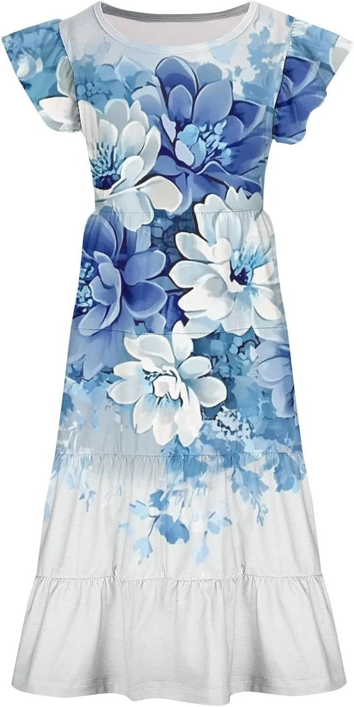 Girls Dresses Summer Floral Print Ruffle Tiered Layers Flowy Swing Sundress Casual Short Sleeve A-Line Midi Dress