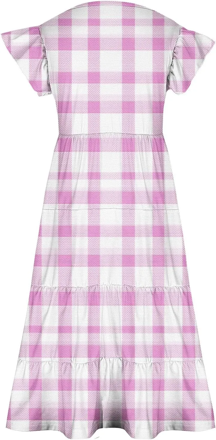 Girls Dresses Summer Floral Print Ruffle Tiered Layers Flowy Swing Sundress Casual Short Sleeve A-Line Midi Dress