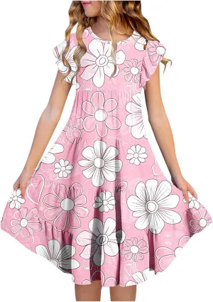 Girls Dresses Summer Floral Print Ruffle Tiered Layers Flowy Swing Sundress Casual Short Sleeve A-Line Midi Dress