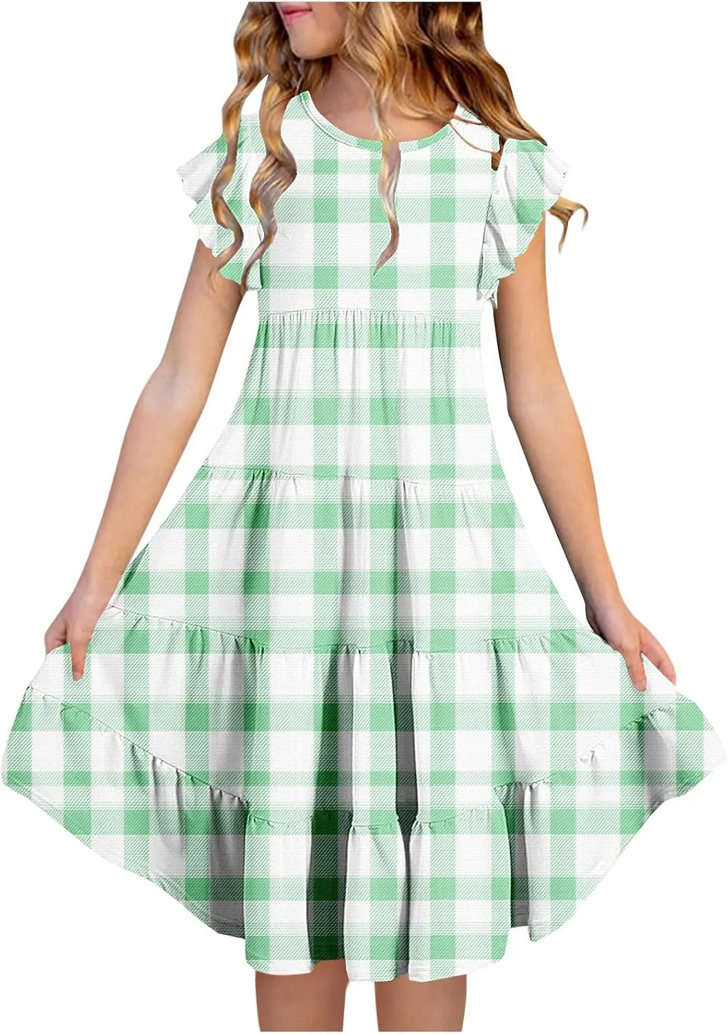 Girls Dresses Summer Floral Print Ruffle Tiered Layers Flowy Swing Sundress Casual Short Sleeve A-Line Midi Dress