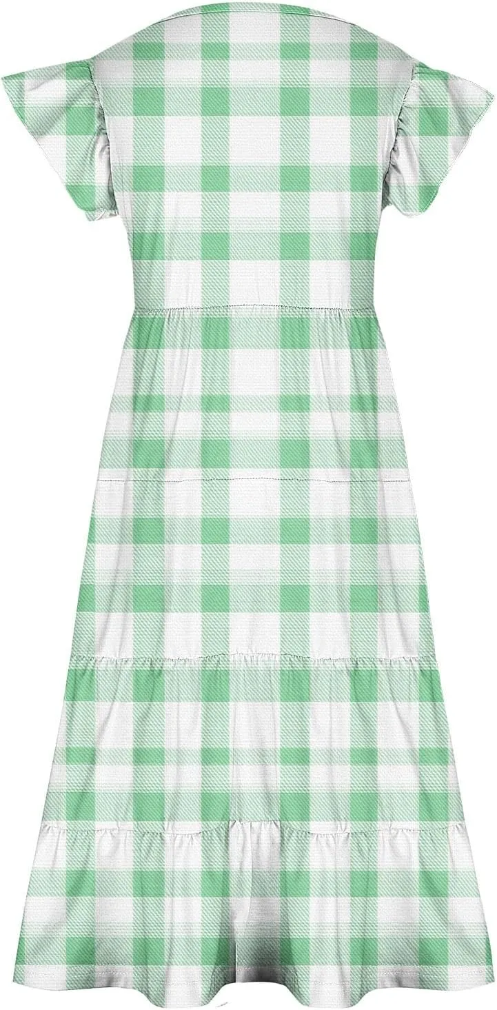 Girls Dresses Summer Floral Print Ruffle Tiered Layers Flowy Swing Sundress Casual Short Sleeve A-Line Midi Dress