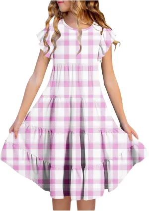 Girls Dresses Summer Floral Print Ruffle Tiered Layers Flowy Swing Sundress Casual Short Sleeve A-Line Midi Dress