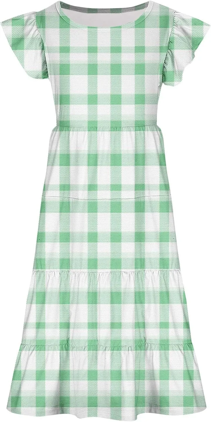 Girls Dresses Summer Floral Print Ruffle Tiered Layers Flowy Swing Sundress Casual Short Sleeve A-Line Midi Dress