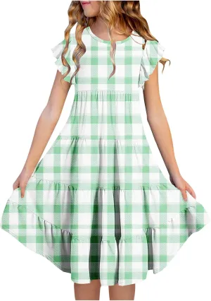 Girls Dresses Summer Floral Print Ruffle Tiered Layers Flowy Swing Sundress Casual Short Sleeve A-Line Midi Dress