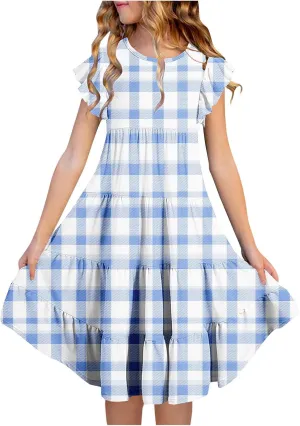 Girls Dresses Summer Floral Print Ruffle Tiered Layers Flowy Swing Sundress Casual Short Sleeve A-Line Midi Dress