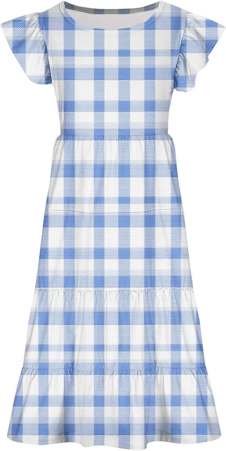Girls Dresses Summer Floral Print Ruffle Tiered Layers Flowy Swing Sundress Casual Short Sleeve A-Line Midi Dress