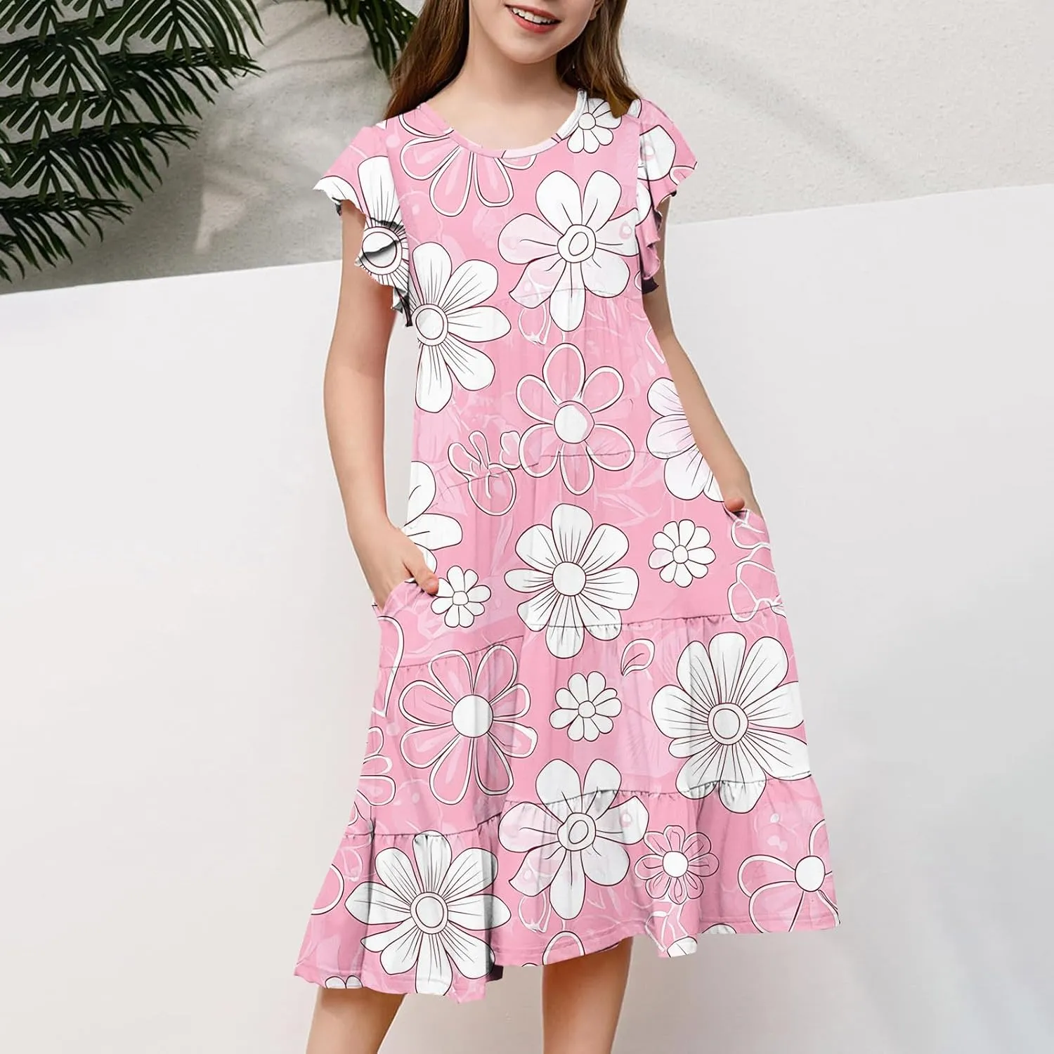 Girls Dresses Summer Floral Print Ruffle Tiered Layers Flowy Swing Sundress Casual Short Sleeve A-Line Midi Dress