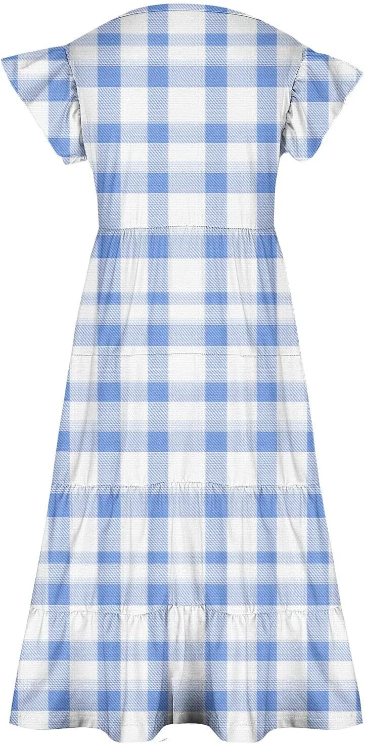Girls Dresses Summer Floral Print Ruffle Tiered Layers Flowy Swing Sundress Casual Short Sleeve A-Line Midi Dress