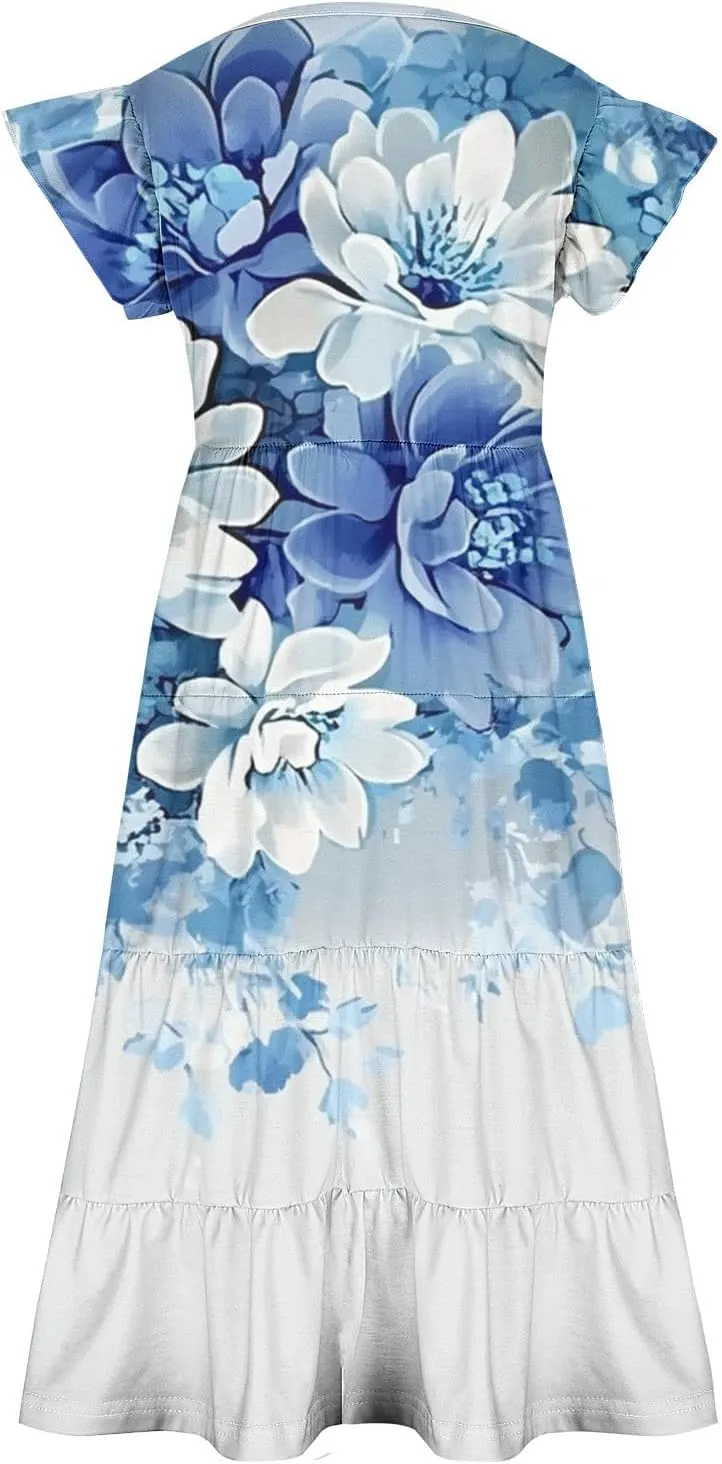 Girls Dresses Summer Floral Print Ruffle Tiered Layers Flowy Swing Sundress Casual Short Sleeve A-Line Midi Dress