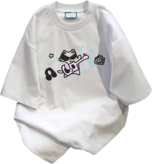 Goth Punk Oversized Tshirts Cute Kawaii Cat Print Baggy Shirts Summer Harajuku Vintage Y2K Tees Top Clothes