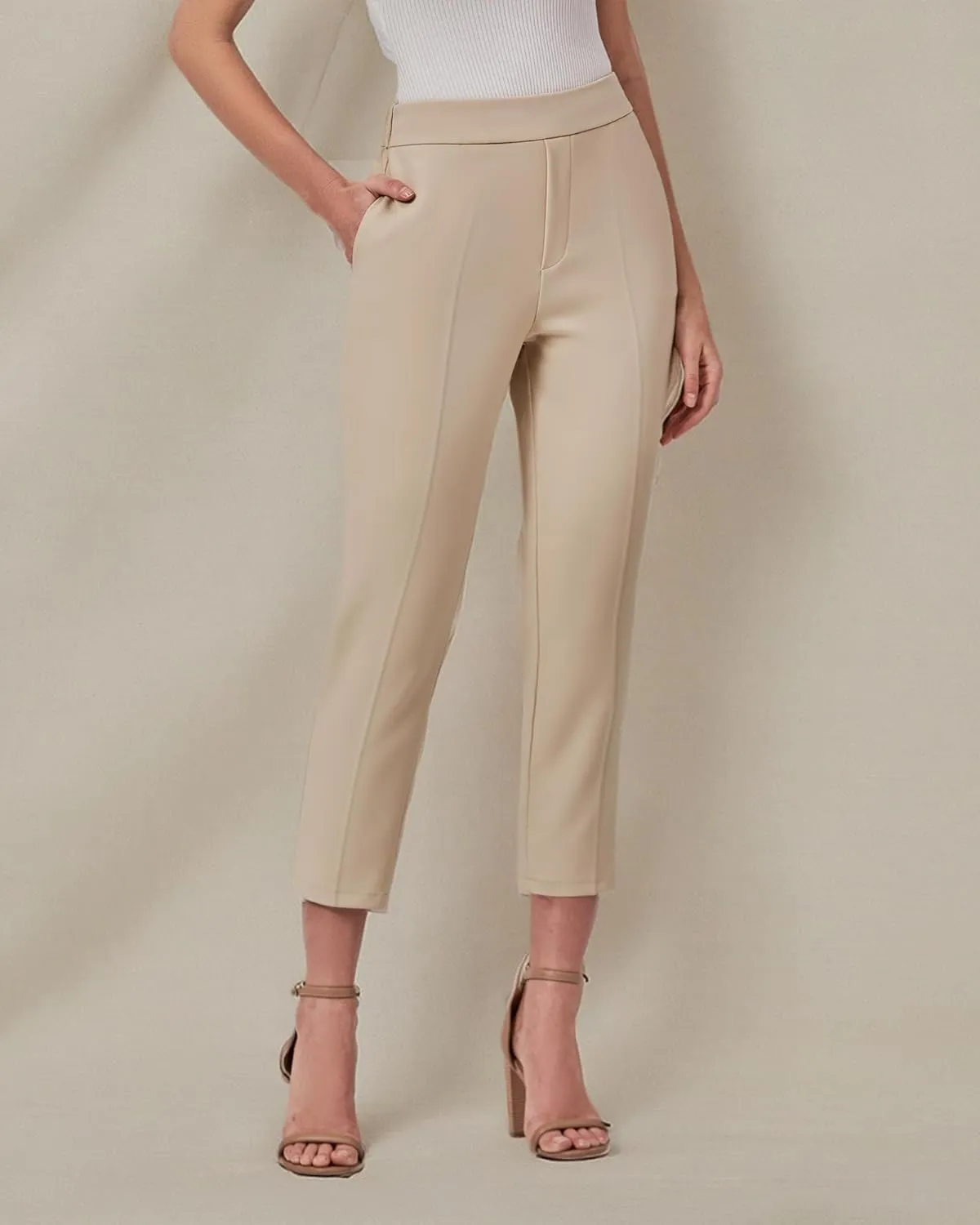 GRAPENT Capri Pants for Women High Waisted Pull On Dress Pants Slim Straight Leg Stretchy Waist Capris Trousers Pants