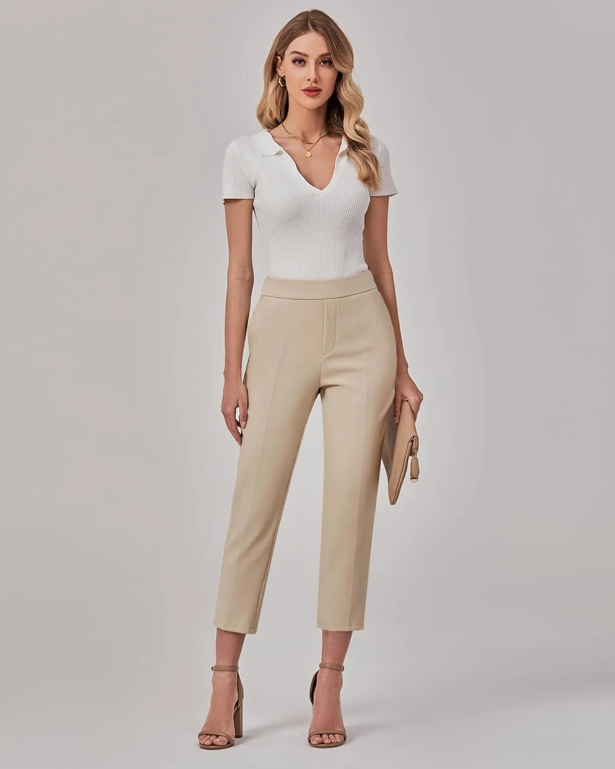 GRAPENT Capri Pants for Women High Waisted Pull On Dress Pants Slim Straight Leg Stretchy Waist Capris Trousers Pants