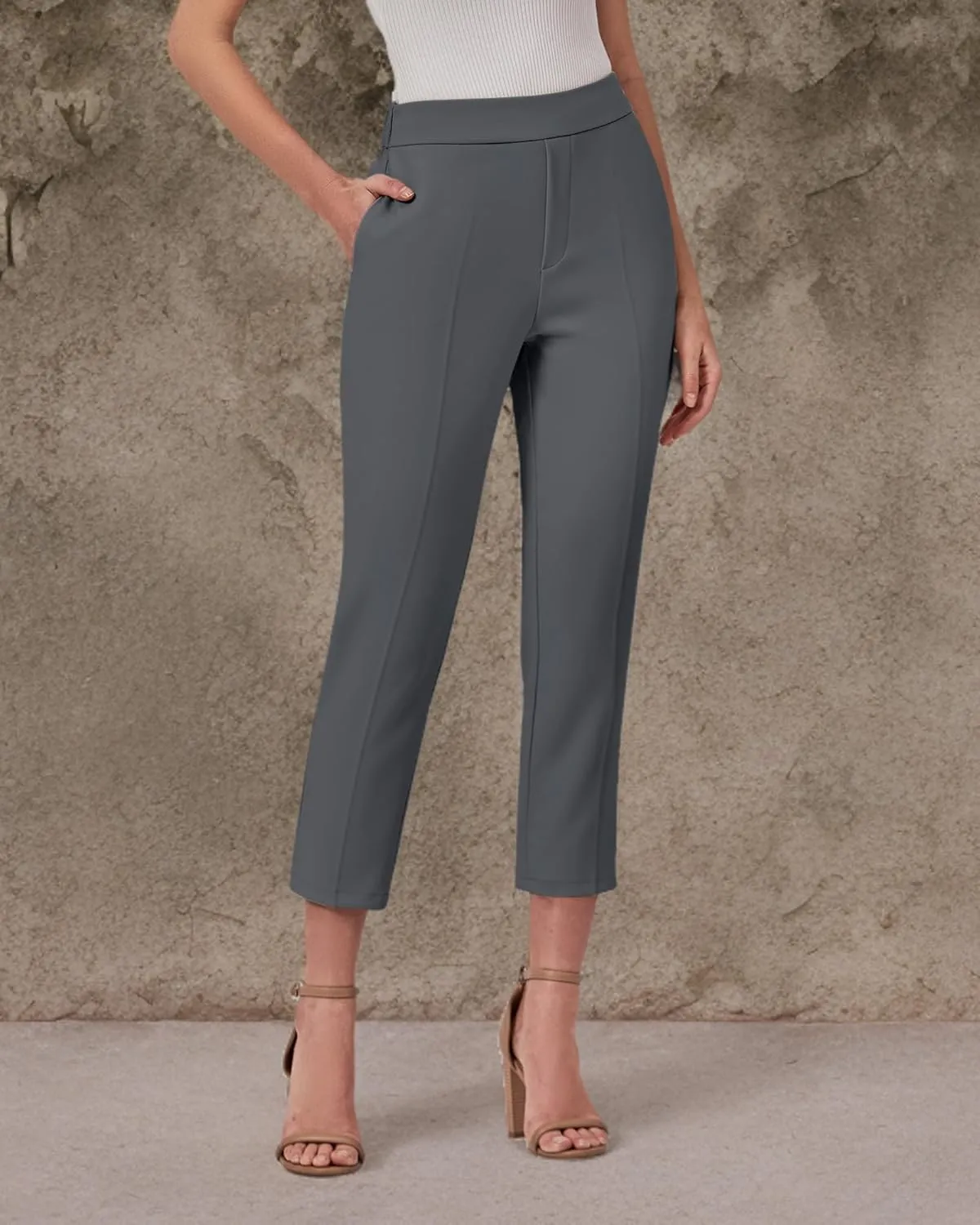GRAPENT Capri Pants for Women High Waisted Pull On Dress Pants Slim Straight Leg Stretchy Waist Capris Trousers Pants