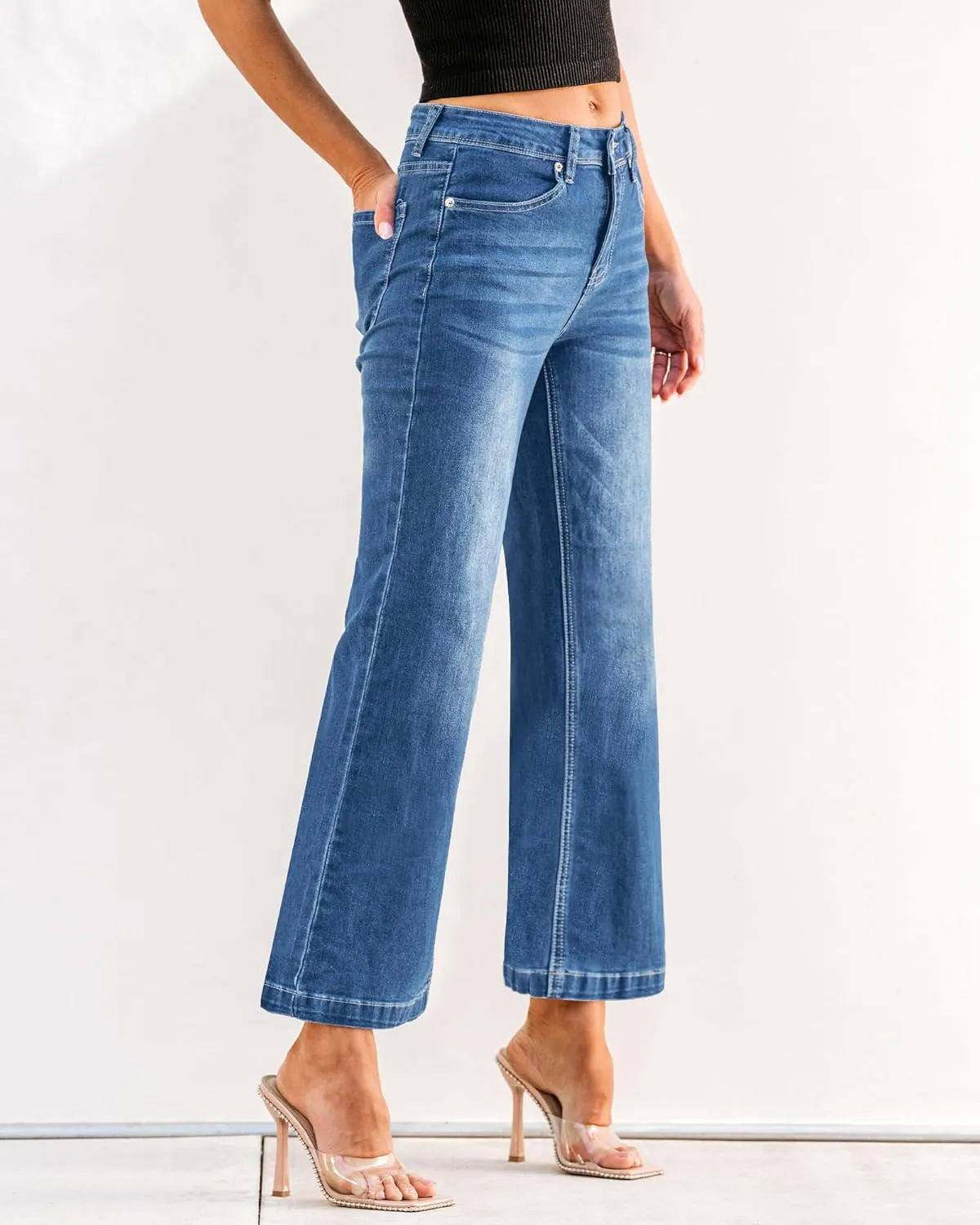 GRAPENT Womens Flare Jeans High Waisted Wide Leg Baggy Jean for Women Stretch Denim Pants