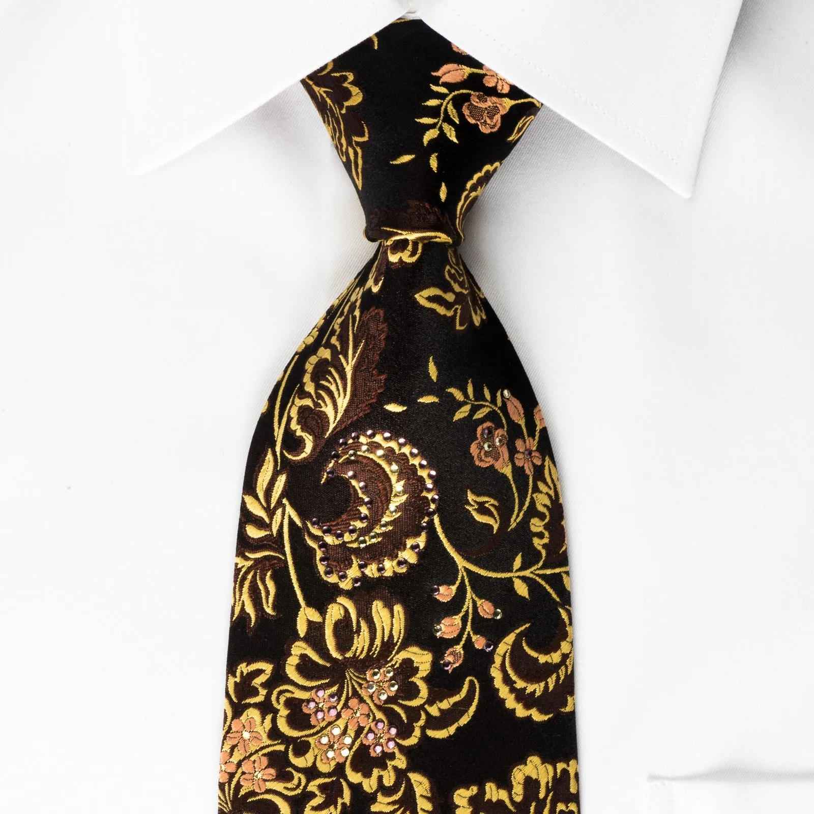 Guy Laroche Silk Rhinestone Necktie Golden Floral On Brown With Gold Sparkles