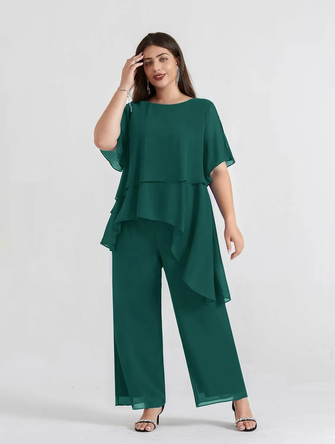 Hanna Nikole 2025 Plus Size Mother of The Bride Pant Suits 2 Piece Chiffon Sets Ruffle Asymmetric Layers Wedding Guest Outfit