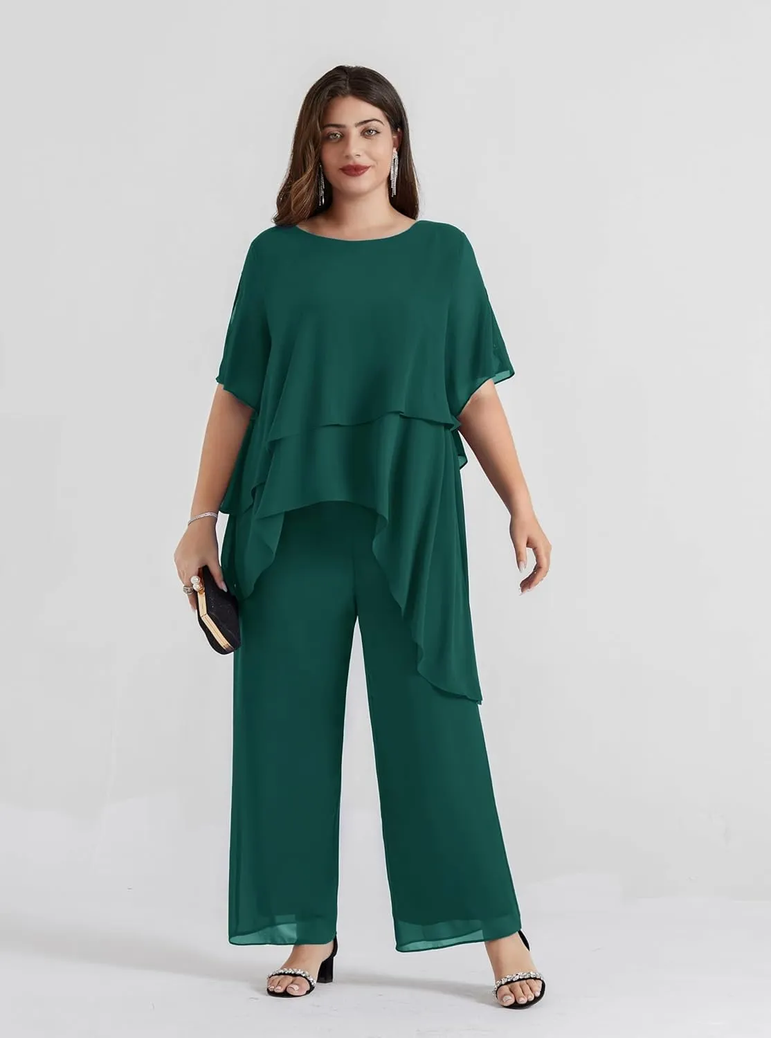 Hanna Nikole 2025 Plus Size Mother of The Bride Pant Suits 2 Piece Chiffon Sets Ruffle Asymmetric Layers Wedding Guest Outfit