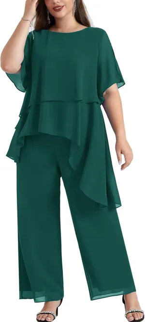 Hanna Nikole 2025 Plus Size Mother of The Bride Pant Suits 2 Piece Chiffon Sets Ruffle Asymmetric Layers Wedding Guest Outfit