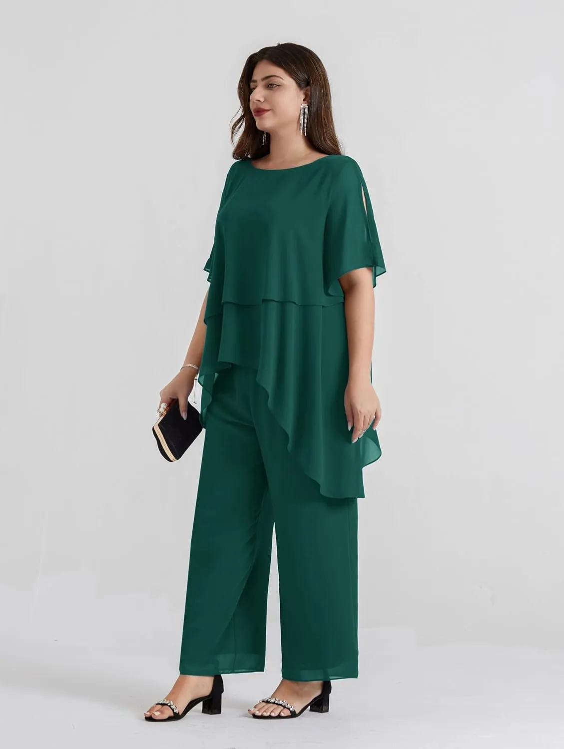 Hanna Nikole 2025 Plus Size Mother of The Bride Pant Suits 2 Piece Chiffon Sets Ruffle Asymmetric Layers Wedding Guest Outfit