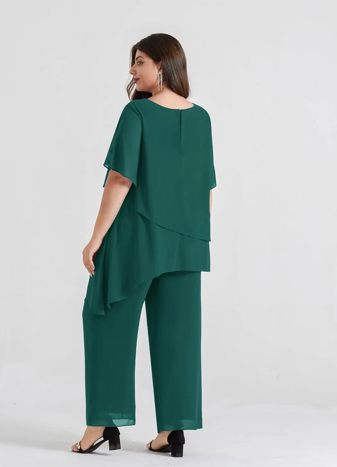 Hanna Nikole 2025 Plus Size Mother of The Bride Pant Suits 2 Piece Chiffon Sets Ruffle Asymmetric Layers Wedding Guest Outfit