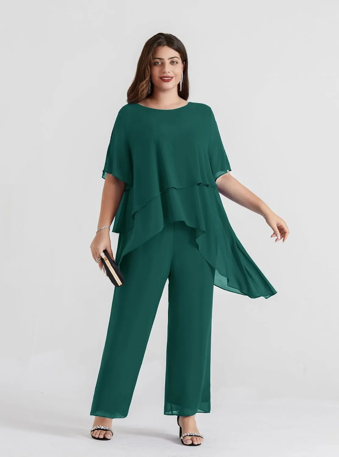 Hanna Nikole 2025 Plus Size Mother of The Bride Pant Suits 2 Piece Chiffon Sets Ruffle Asymmetric Layers Wedding Guest Outfit