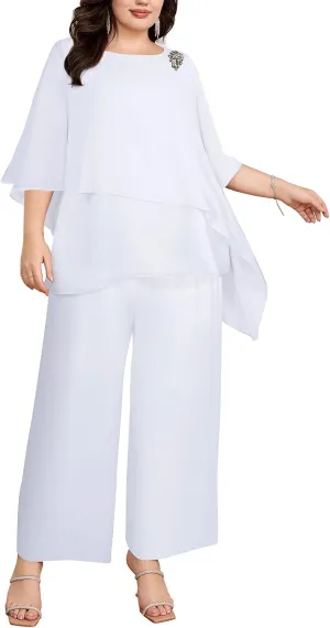 Hanna Nikole Plus Size Mother of Bride Pant Suits 2 Piece Chiffon Sets Ruffle Layers Wedding Guest Outfit