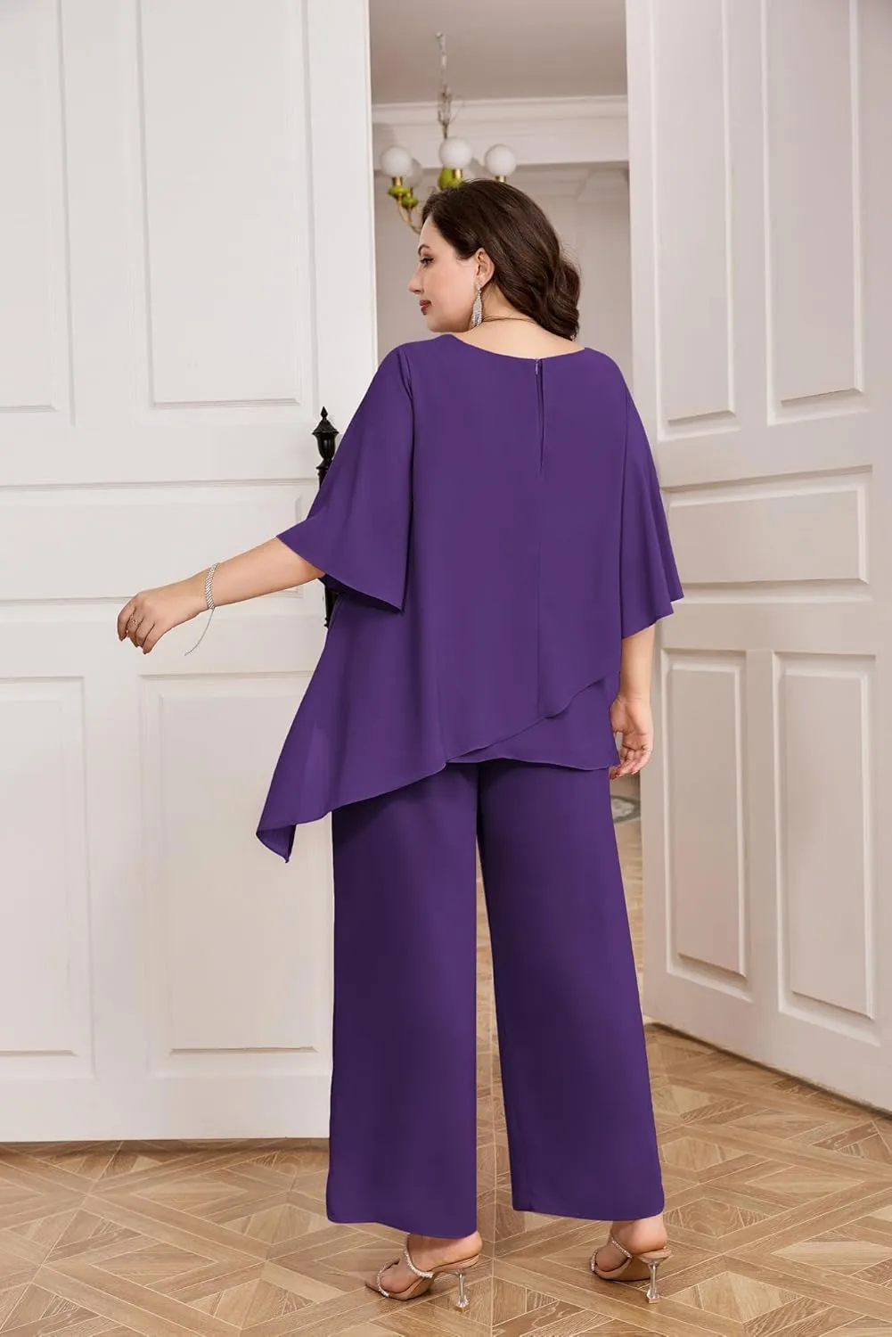 Hanna Nikole Plus Size Mother of Bride Pant Suits 2 Piece Chiffon Sets Ruffle Layers Wedding Guest Outfit