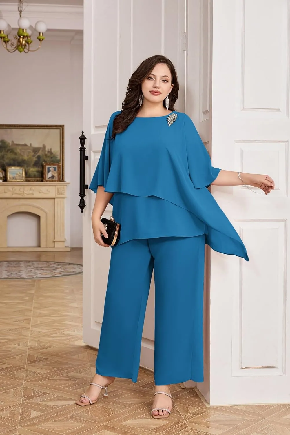 Hanna Nikole Plus Size Mother of Bride Pant Suits 2 Piece Chiffon Sets Ruffle Layers Wedding Guest Outfit