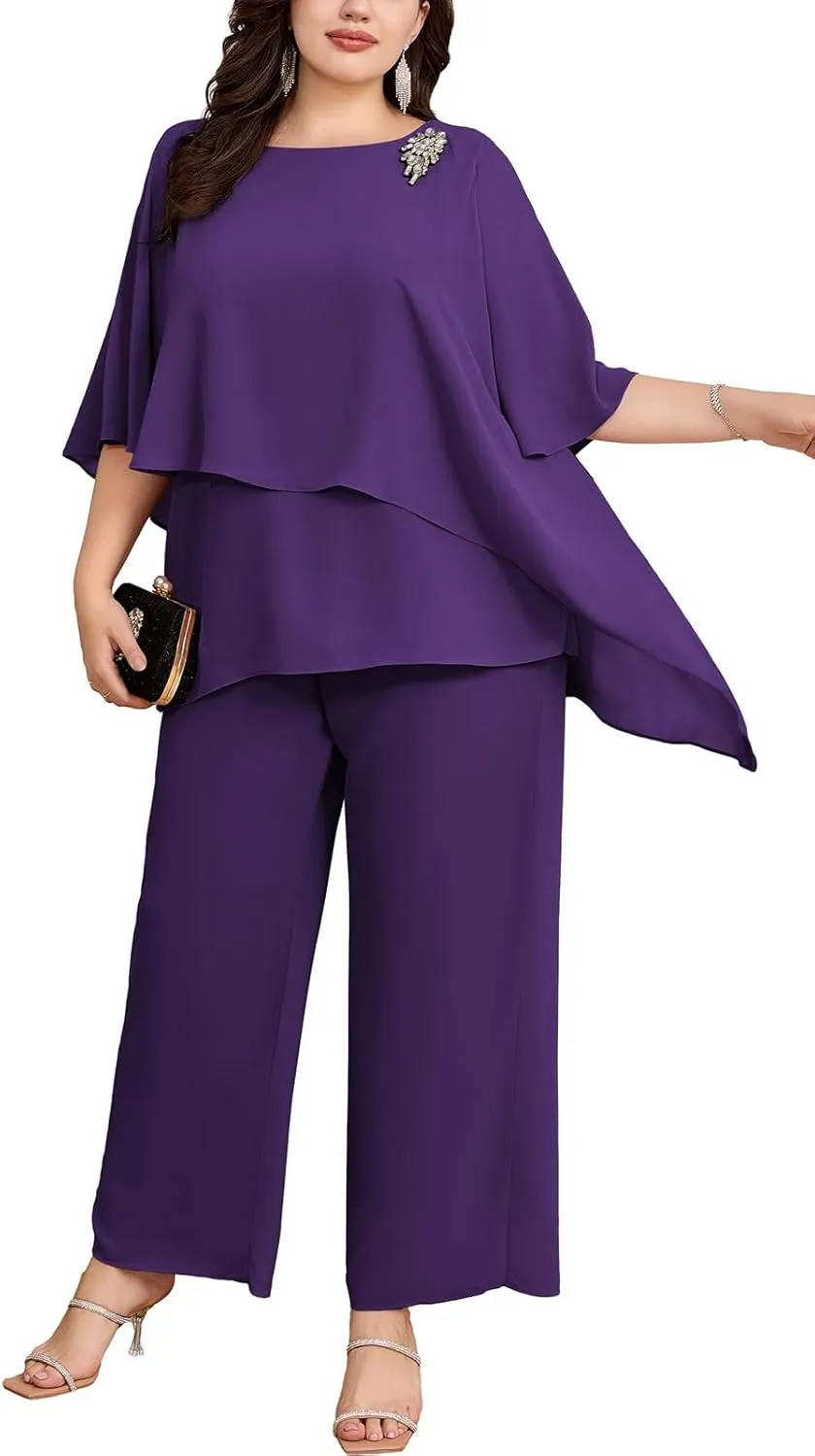 Hanna Nikole Plus Size Mother of Bride Pant Suits 2 Piece Chiffon Sets Ruffle Layers Wedding Guest Outfit
