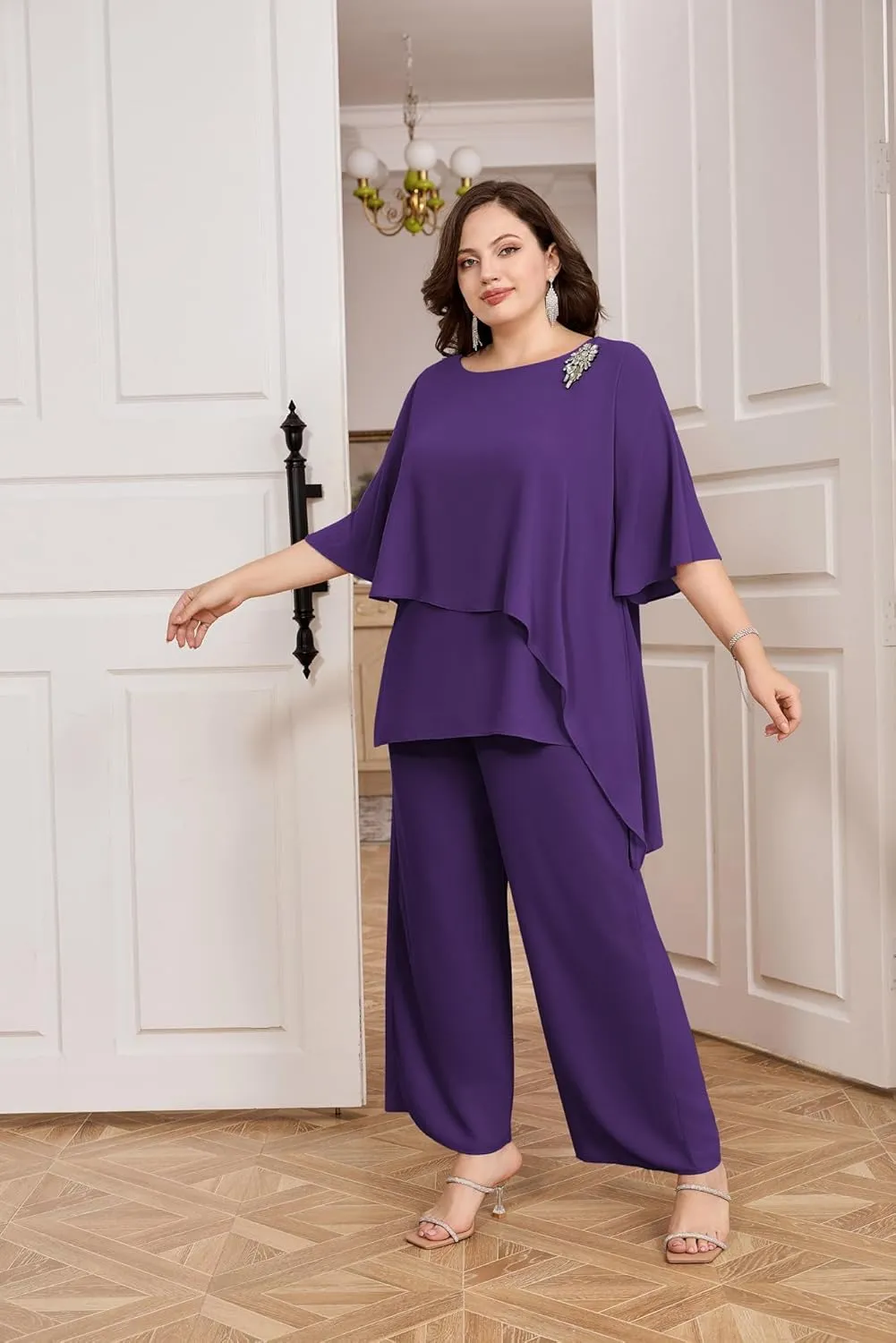 Hanna Nikole Plus Size Mother of Bride Pant Suits 2 Piece Chiffon Sets Ruffle Layers Wedding Guest Outfit