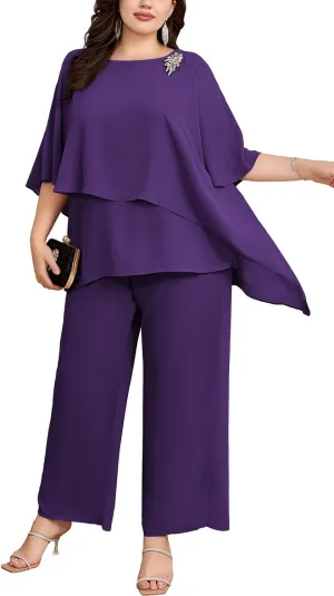 Hanna Nikole Plus Size Mother of Bride Pant Suits 2 Piece Chiffon Sets Ruffle Layers Wedding Guest Outfit