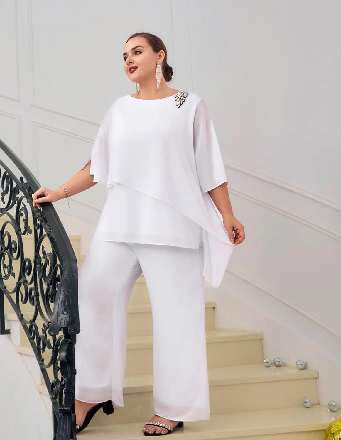 Hanna Nikole Plus Size Mother of Bride Pant Suits 2 Piece Chiffon Sets Ruffle Layers Wedding Guest Outfit