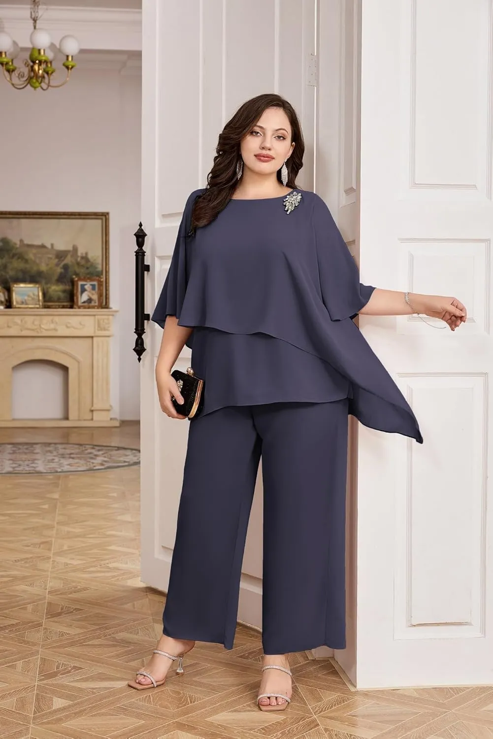 Hanna Nikole Plus Size Mother of Bride Pant Suits 2 Piece Chiffon Sets Ruffle Layers Wedding Guest Outfit
