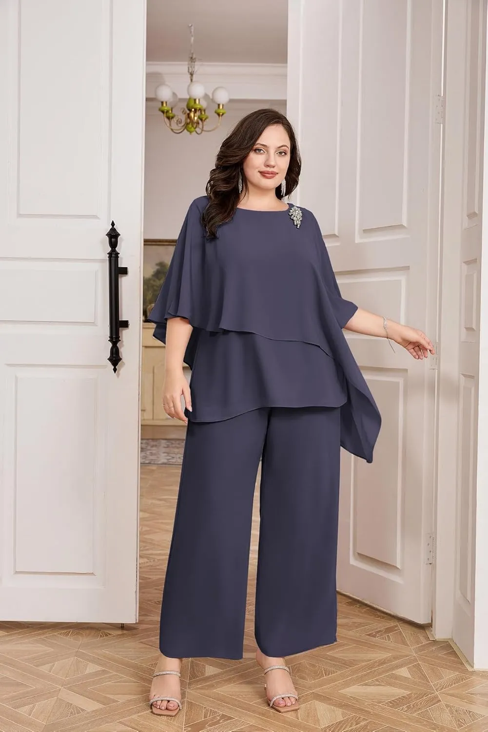 Hanna Nikole Plus Size Mother of Bride Pant Suits 2 Piece Chiffon Sets Ruffle Layers Wedding Guest Outfit
