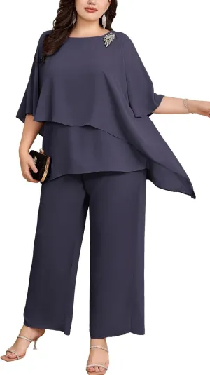 Hanna Nikole Plus Size Mother of Bride Pant Suits 2 Piece Chiffon Sets Ruffle Layers Wedding Guest Outfit