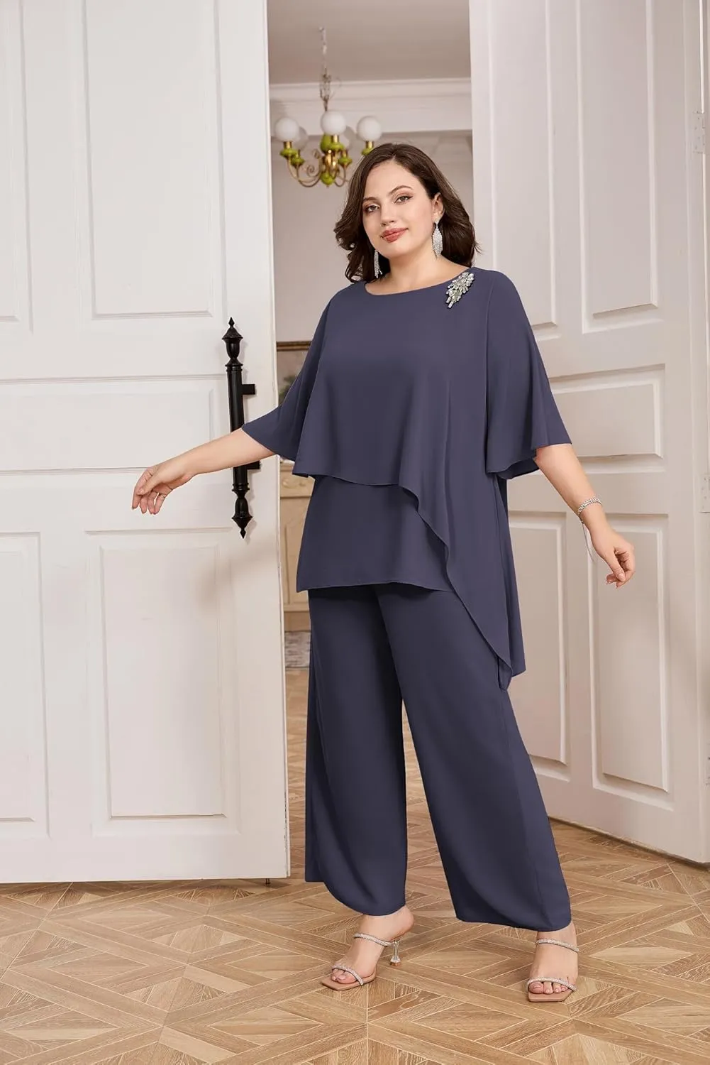 Hanna Nikole Plus Size Mother of Bride Pant Suits 2 Piece Chiffon Sets Ruffle Layers Wedding Guest Outfit