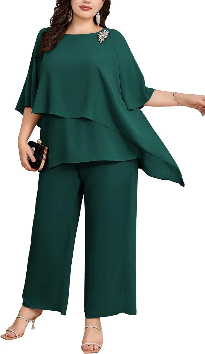 Hanna Nikole Plus Size Mother of Bride Pant Suits 2 Piece Chiffon Sets Ruffle Layers Wedding Guest Outfit
