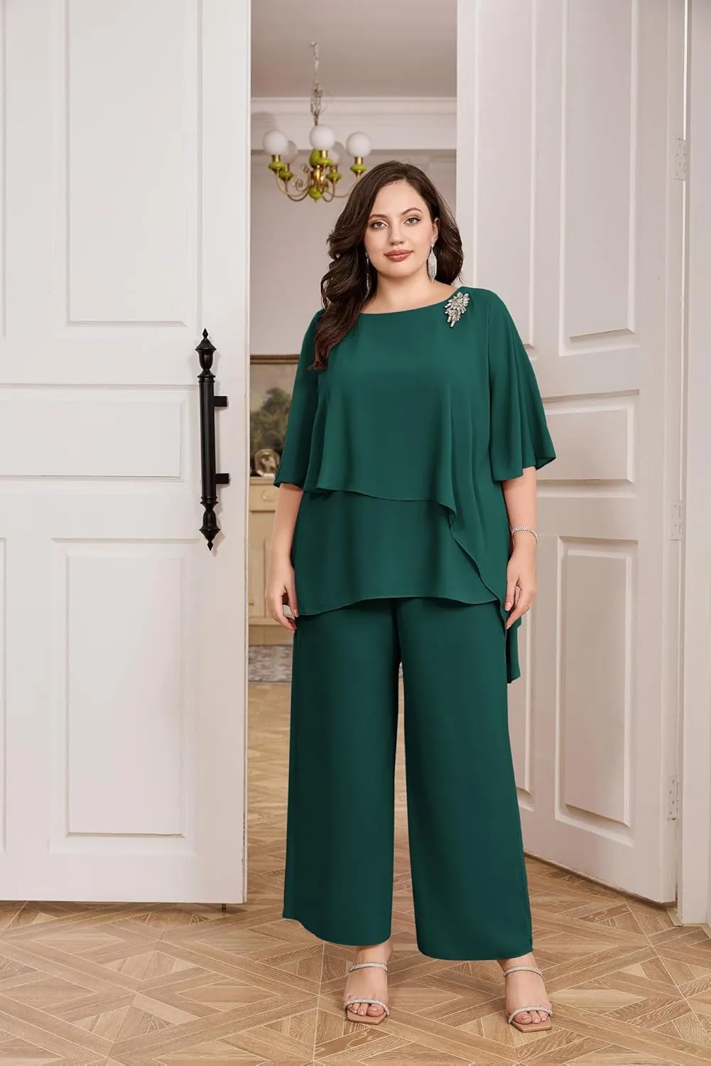 Hanna Nikole Plus Size Mother of Bride Pant Suits 2 Piece Chiffon Sets Ruffle Layers Wedding Guest Outfit