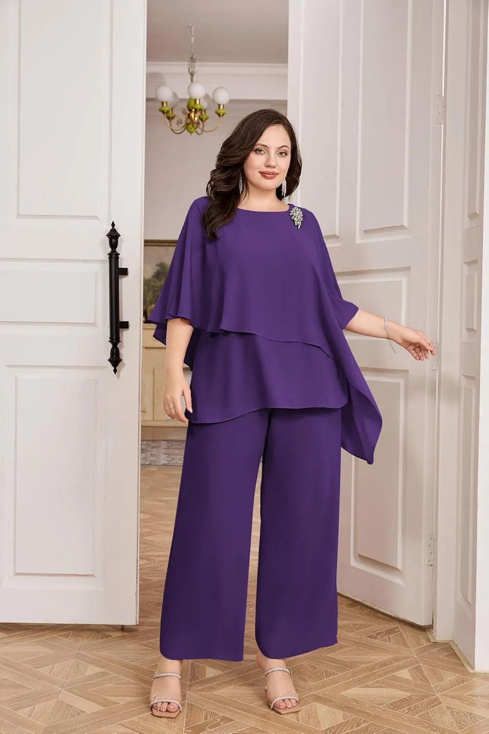 Hanna Nikole Plus Size Mother of Bride Pant Suits 2 Piece Chiffon Sets Ruffle Layers Wedding Guest Outfit