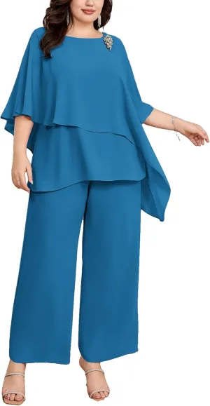 Hanna Nikole Plus Size Mother of Bride Pant Suits 2 Piece Chiffon Sets Ruffle Layers Wedding Guest Outfit