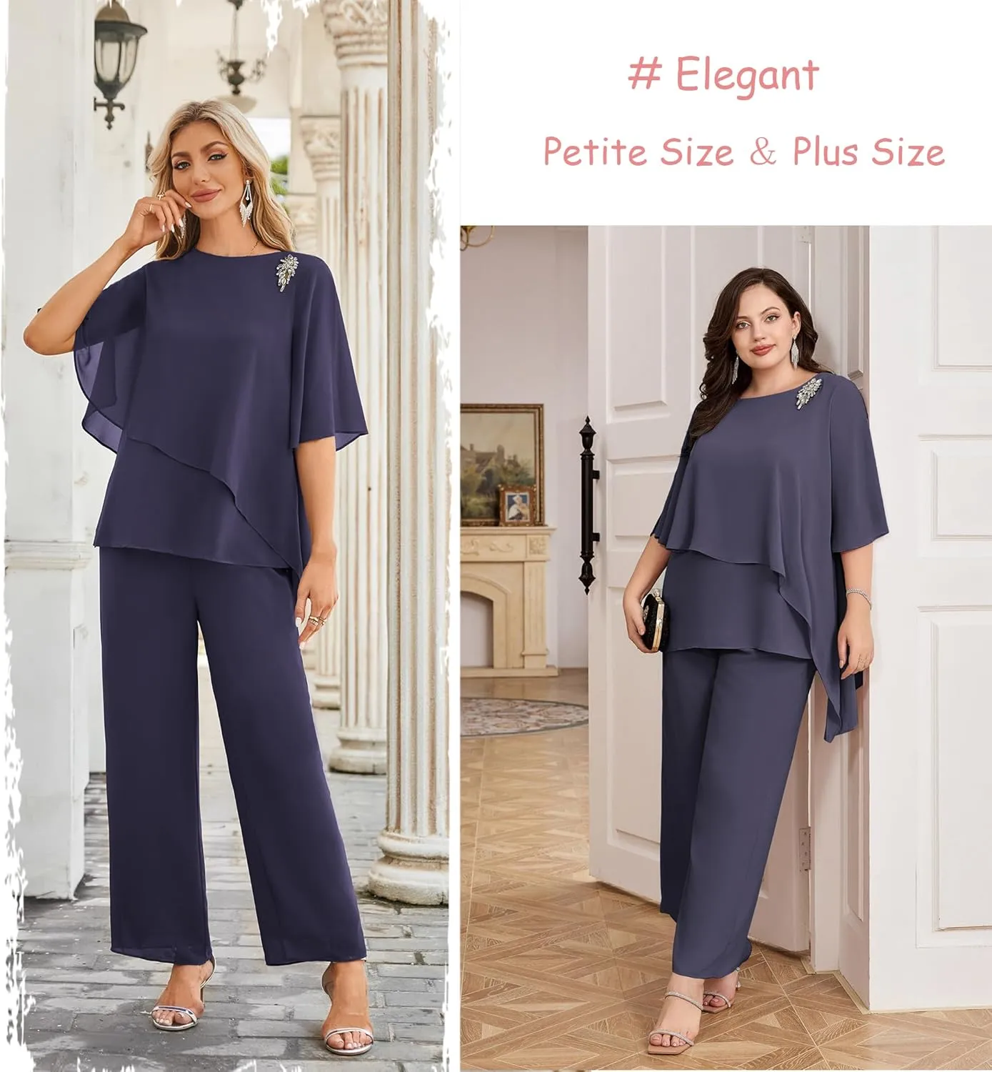 Hanna Nikole Plus Size Mother of Bride Pant Suits 2 Piece Chiffon Sets Ruffle Layers Wedding Guest Outfit