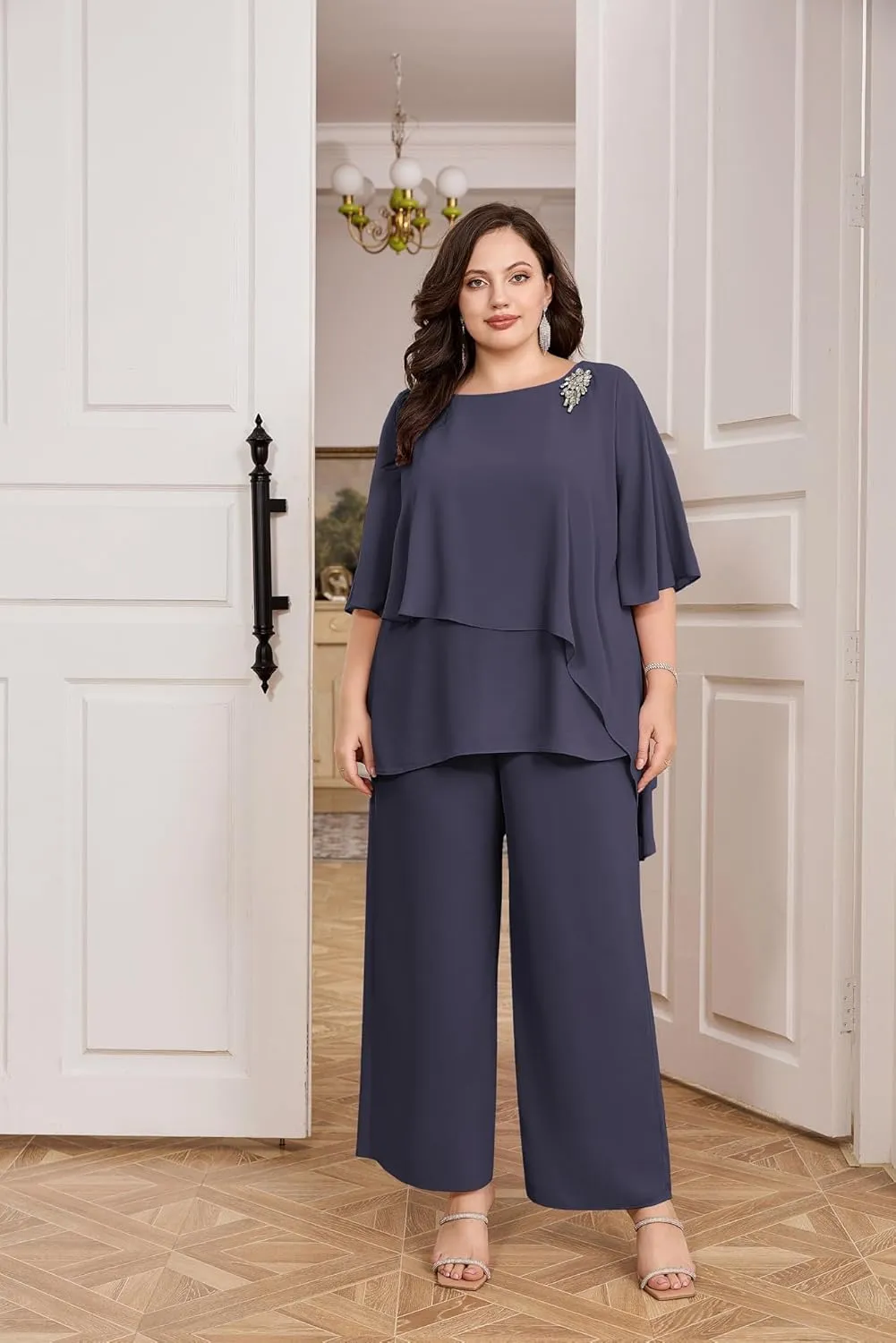Hanna Nikole Plus Size Mother of Bride Pant Suits 2 Piece Chiffon Sets Ruffle Layers Wedding Guest Outfit