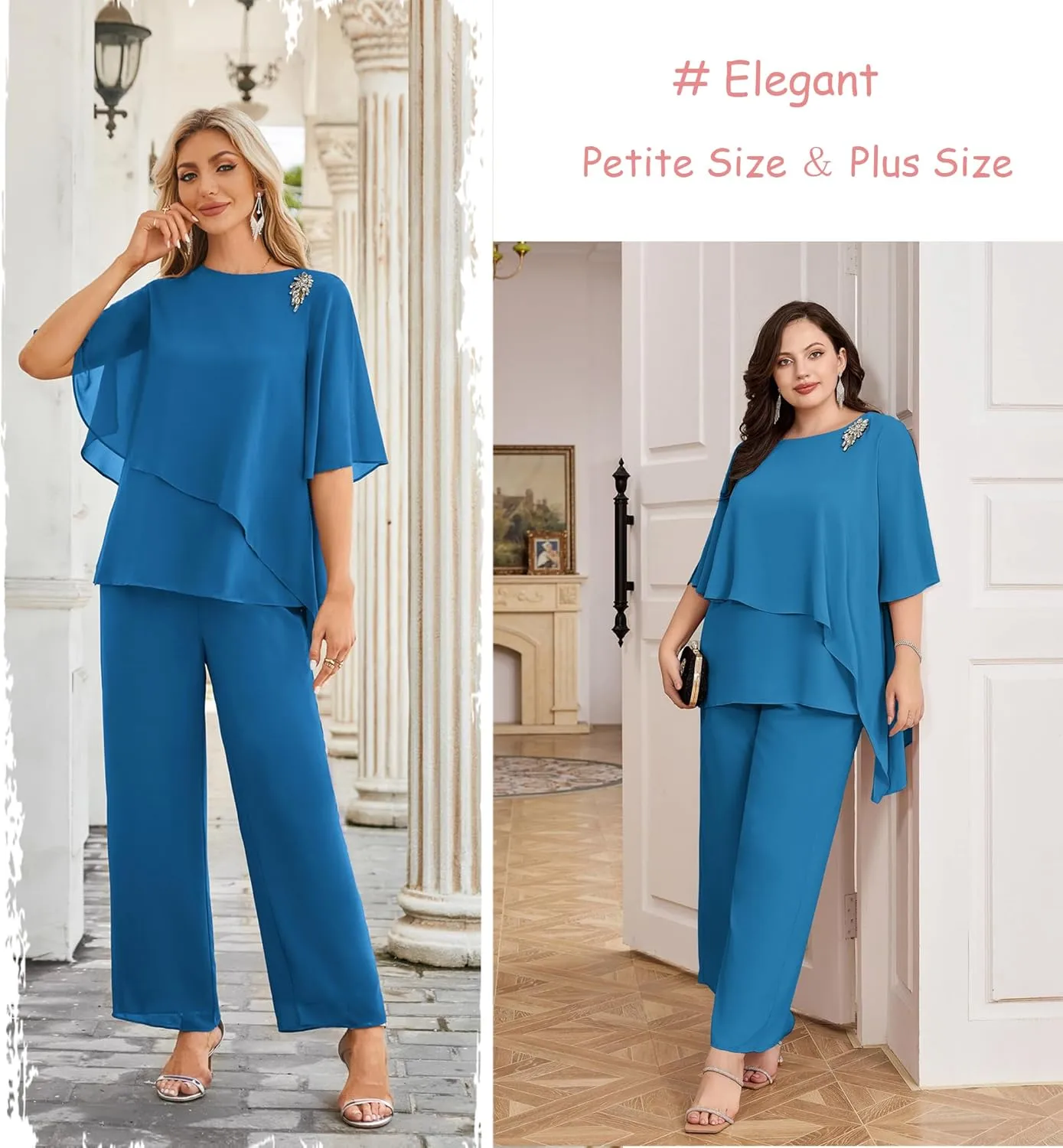 Hanna Nikole Plus Size Mother of Bride Pant Suits 2 Piece Chiffon Sets Ruffle Layers Wedding Guest Outfit