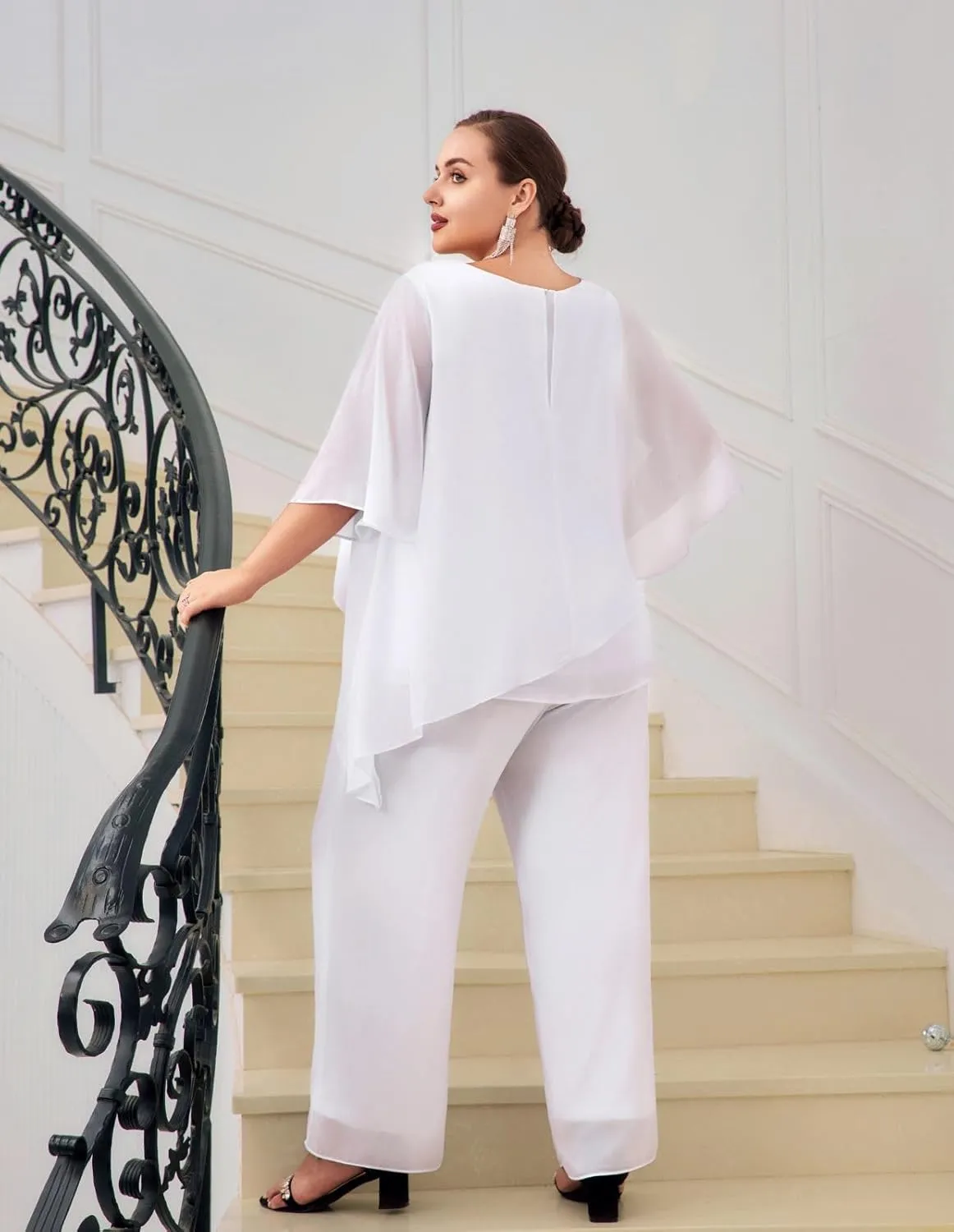 Hanna Nikole Plus Size Mother of Bride Pant Suits 2 Piece Chiffon Sets Ruffle Layers Wedding Guest Outfit